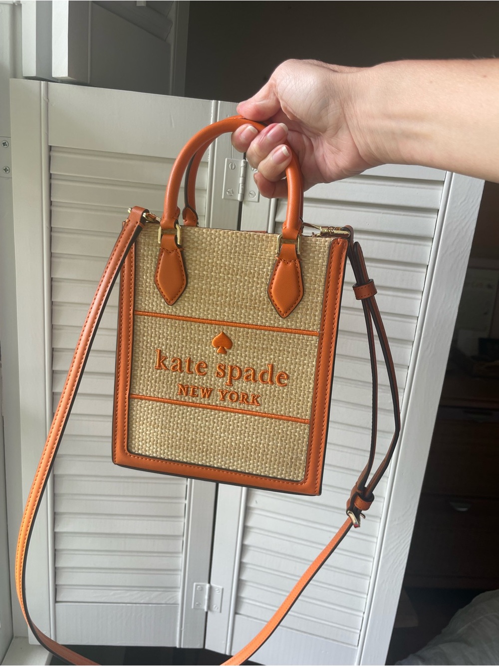 kate spade woven straw mini tote with orange trim